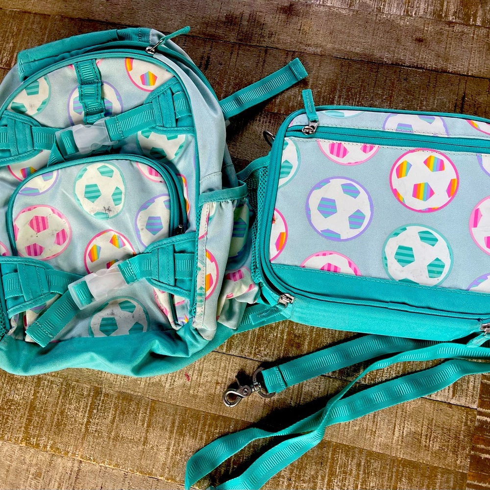Pottery Barn Kids Mackenzie Aqua Sport Soccer Small Backpack Glow in Dark -USED